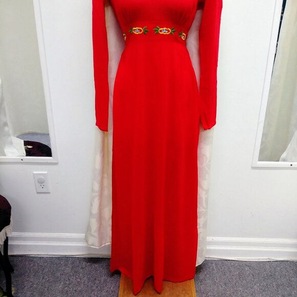 1970's Vintage Red Maxi Peasant Dress w/ Embroidered Waistband by Styled by Mr. - Picture 8 of 10